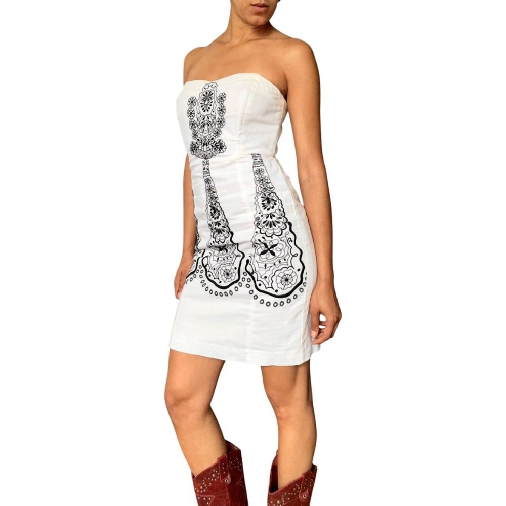 Banana Republic White Strapless‎ Embroidered Mini Dress US Western Cowgirl EUC